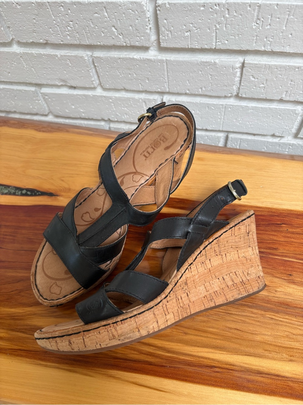 Born Black Leather Cork Wedge Sandals with Adjustable Strap, Women’s Size 8